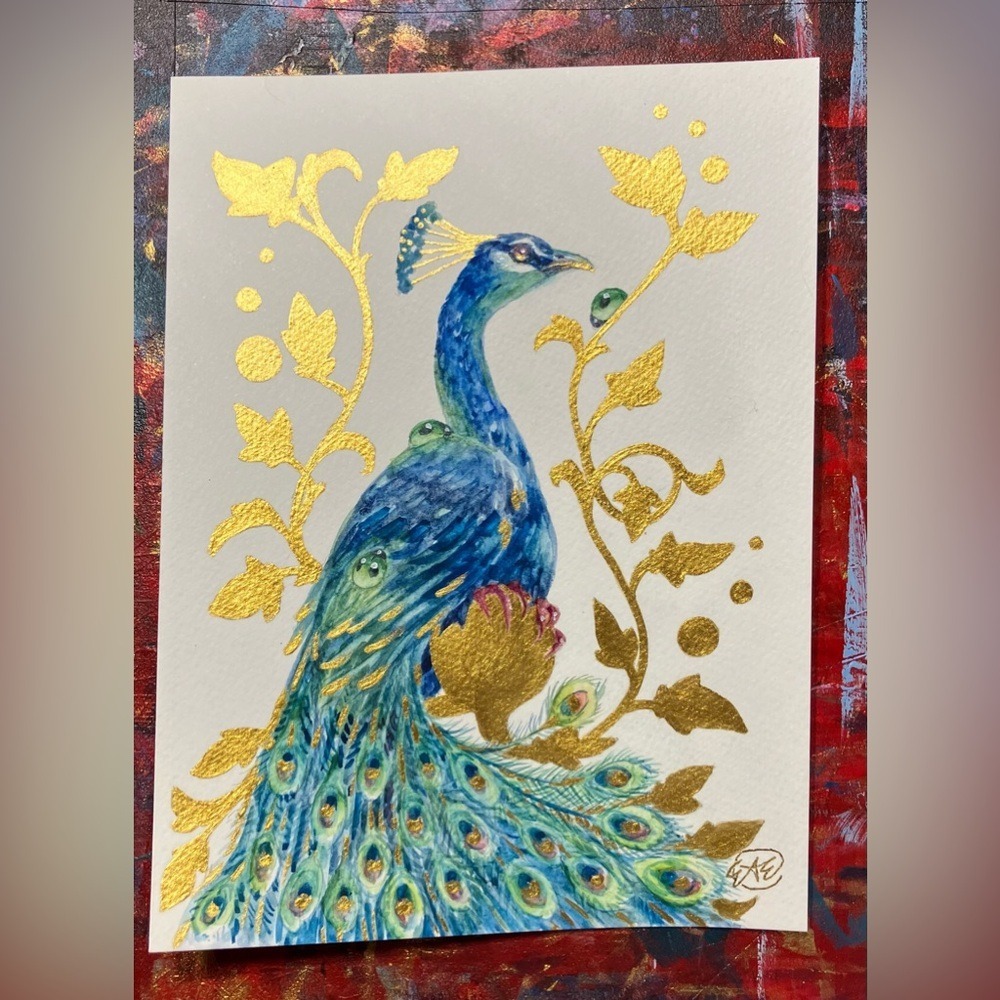 Original painting Peacock bird Art Gold Embellishment surrealism by artist EAE - Picture 2 of 8